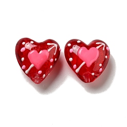 Roja Abalorios de colores vario hechos a mano, corazón con flecha atravesando el corazón, rojo, 19~20.5x20~20.5x11.5~13.5 mm, agujero: 2.5 mm