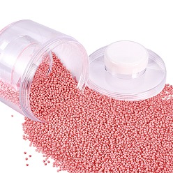 Pink 12/0 Grade A Glass Seed Beads, Baking Varnish, Opaque Colours, Round, Pink, 2x1.5mm, Hole: 0.3mm, about 150g/box, about 10000pcs/box
