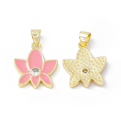 Pearl Pink Rack Plating Brass Enamel Pendants, Micro Pave Clear Cubic Zirconia, Long-Lasting Plated, Lead Free & Cadmium Free, Real 18K Gold Plated, Lotus Charm, Pearl Pink, 19x16x3mm, Hole: 4x3.5mm
