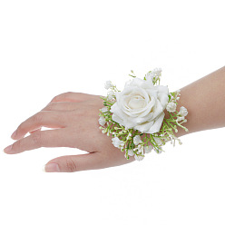 White Silk Cloth Imitation Rose Wrist Corsage, Hand Flower for Bride or Bridesmaid, Wedding, Party Decorations, White, 100x90mm