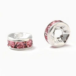 Rose Clair Séparateurs perles en verre avec strass en laiton, Grade a, bride droite, couleur argent plaqué, rondelle, rose clair, 6x3mm, Trou: 1mm
