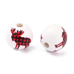 White Dyed Natural Wooden Beads, Round with Christmas Elk Pattern, White, 16.5x15mm, Hole: 4mm