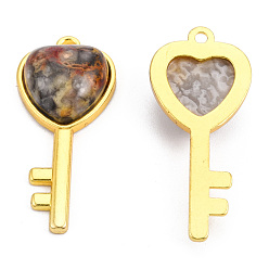 Crazy Agate Natural Crazy Agate Pendants, with Light Gold Plated Brass Findings, Key with Heart Charm, 38x17x6.5~7mm, Hole: 1.8mm