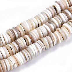 Wheat Natural Freshwater Shell Beads Strands, Disc/Flat Round, Heishi Beads, Shell Shards, Wheat, 9~10x1~2.5mm, Hole: 0.7mm, about 196pcs/Strand, 15.04 inch(38.2cm)