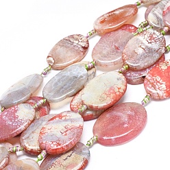 Light Coral Natural Fire Crackle Agate Beads Strands, Dyed & Heated, Oval, Light Coral, 38~40x27~30x5~7mm, Hole: 1.8mm, about 8pcs/Strand, 15.16 inch(38.5cm)