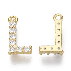 Letter L Brass Micro Pave Cubic Zirconia Charms, Nickel Free, Letter, Clear, Real 18K Gold Plated, Letter.L, 13.5x7x2.5mm, Hole: 1.2mm