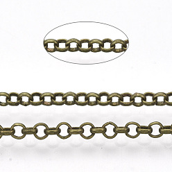 Античная Бронза Паяные латунные цепи Роло, отрыгивающая цепь, с катушкой, античная бронза, 2.5x0.7 мм, около 328.08 футов (100 м) / рулон