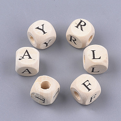 Antique White Natural Wooden Beads, Horizontal Hole, Undyed, Cube with Letter, Antique White, 14x13.5x13.5mm, Hole: 5.5mm, about 320pcs/500g