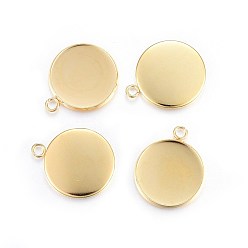 Golden Rack Plating 304 Stainless Steel Pendant Cabochon Settings, Plain Edge Bezel Cups, Flat Round, Real 24K Gold Plated, Tray: 20mm, 27x22x2mm, Hole: 3mm