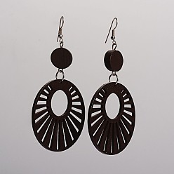 Coconut Brown Trendy Flat Round Wood Dangle Earrings, with Platinum Plated Iron Earring Hooks, Coconut Brown, 90.5x49mm, Pin: 0.8mm
