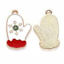 White Alloy Enamel Pendants, for Christmas, Christmas Glove, with Snowflake Pattern, Light Gold, White, 25.5x15.5x1.5mm, Hole: 2mm