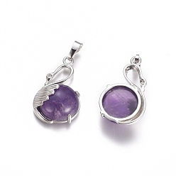 Amethyst Natural Amethyst Pendants, with Platinum Tone Brass Findings, Swan, 30.8x18.8x8.5mm, Hole: 7x5mm