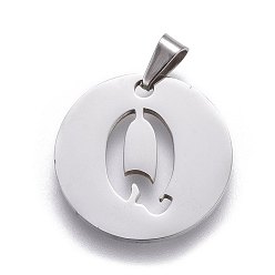 Letter Q 201 Stainless Steel Pendants, Flat Round with Letter, Stainless Steel Color, Letter.Q, 24.5x19.7x1.3mm, Hole: 4x3mm