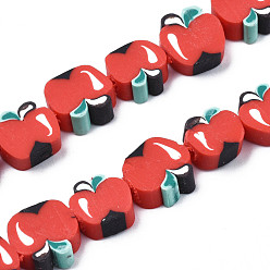 Red Handmade Polymer Clay Bead Strands, Apple Slice, Red, 8~10.5x8.5~11x4~6mm, Hole: 1.2mm, about 40pcs/strand, 15.75 inch(40cm)