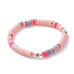 Pink Polymer Clay Heishi Beads Stretch Bracelets, with Acrylic Enamel Heart Beads and Brass Beads, Pink, Inner Diameter: 2-1/4 inch(5.7cm)