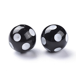 Black Chunky Bubblegum Acrylic Beads, Round with Polka Dot Pattern, Black, 20x19mm, Hole: 2.5mm, Fit for 5mm Rhinestone