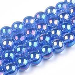 Azul Royal Electroplate transparentes cuentas de vidrio hebras, color de ab chapado, rondo, azul real, 9.5~10 mm, agujero: 1.5 mm, sobre 40~42 unidades / cadena, 14.76~15.12 pulgada (37.5~38.4 cm)