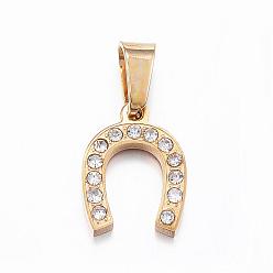 Oro 304 encantos de diamantes de imitación de acero inoxidable, hroseshoes, dorado, 14x11x2 mm, agujero: 5x2.5 mm