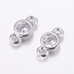 Real Platinum Plated Brass Micro Pave Cubic Zirconia Links, Long-Lasting Plated, Cadmium Free & Nickel Free & Lead Free, Flat Round, Real Platinum Plated, 4x8x2mm, Hole: 1mm
