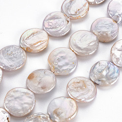 Seashell Color Natural Keshi Pearl Beads Strands, Cultured Freshwater Pearl, Flat Round, Seashell Color, 16~18x3~8mm, Hole: 0.6mm, about 22~23pcs/strand, 14.57~15.35 inch(37~39cm)