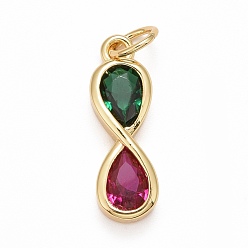Real 18K Gold Plated Rack Plating Brass Green & Red Cubic Zirconia Pendants, Cadmium Free & Nickel Free & Lead Free, Long-Lasting Plated, Eight Shape, Real 18K Gold Plated, 17.5x6x3mm, Jump Ring: 5x0.5mm, Inner Diameter: 3.5mm