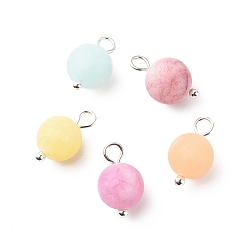 Mixed Color Natural White Jade Charms, with Silver Tone Brass Loops, Dyed, Round, Mixed Color, 14x7.5mm, Hole: 2~2.5mm