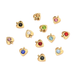 Mixed Color 304 Stainless Steel Charms, with Acrylic Rhinestone, Faceted, Birthstone Charms, Heart, Golden, Mixed Color, 8.2x7.2x3.2mm, Hole: 1mm