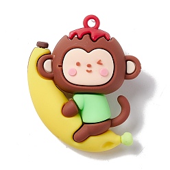 Yellow PVC Plastic Cartoon Pendants, Monkey with Banana, Yellow, 49x40x21mm, Hole: 3mm