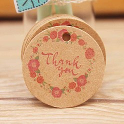 BurlyWood Paper Gift Tags, Hange Tags, For Arts and Crafts, Thanksgiving, Round with Flower and Word Thank You, BurlyWood, 30x0.4mm, Hole: 3mm