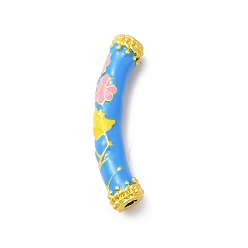 Dodger Azul Paquete de perlas de esmalte de aleación de revestimiento, color dorado mate, tubo curvado con la flor, azul dodger, 9.5x37x7 mm, agujero: 3 mm