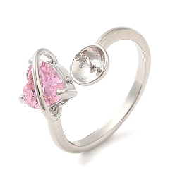 Pink Brass with Cubic Zirconia Open Cuff Ring Components, Ring Settings, For Half-drilled Beads, Heart, Pink, US Size 7 3/4(17.9mm), Pin: 0.8mm