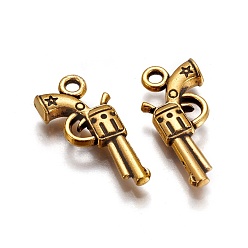 Antique Golden Gun Alloy Pendants, Revolver Pendant, Lead Free, Cadmium Free and Nickel Free, Antique Golden, Size: about 22mm long, 11mm wide, 3mm thick,  hole: 2mm