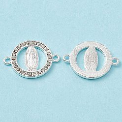 Silver Religion Alloy Connector Charms, with Crystal Rhinestone, Flat Round Links with Virgin Pattern, Silver, 18x24x2mm, Hole: 1.8mm
