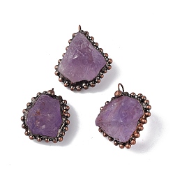 Amethyst Natural Amethyst Pendants, Nuggets Charms with Red Copper Plated Brass Chains, Lead Free & Cadmium Free, 31~42x23~35x12~23mm, Hole: 4mm