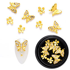 Golden Alloy Rhinestone Cabochons, Nail Art Decoration Accessories, Flower & Butterfly, Golden, 10x11x2.5mm & 8x7x2mm, 8pcs/box