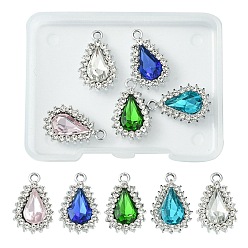 Mixed Color 5Pcs 5 Colors Alloy Glass Pendants, with Crystal Rhinestone, Teardrop Charm, Platinum, Mixed Color, 22x14x5mm, Hole: 2mm, 1Pc/color