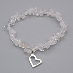 Quartz Crystal Alloy Charm Bracelets, Heart, with Natural Quartz Crystal Chip Beads and Elastic Crystal Thread, Silver Color Plated, 2-1/4 inch(55mm)