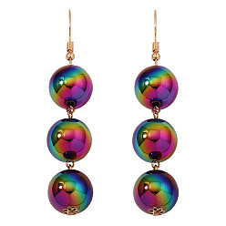 Colorful Sparkling Plastic Triple Round Ball Dangle Earrings, Zinc Alloy Long Drop Earrings, Colorful, 78x15mm