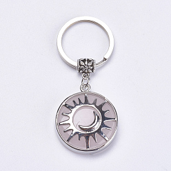 Quartz Rose Porte-clés quartz rose naturel, avec accessoires en laiton, plat rond avec le soleil et la lune, 64mm
