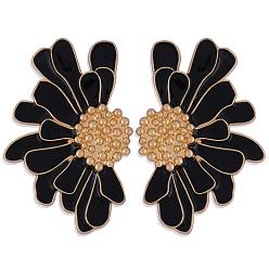 Noir Boucles d'oreilles à fleurs vintage pour femmes, boucles d'oreilles demi-fleur en alliage émaillé, boucles d'oreilles d'été boho plage boucles d'oreilles florales, cadeaux de bijoux pour femmes, noir, 50.5~51x33.5~34mm, pin: 0.6 mm