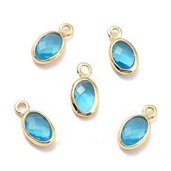 Deep Sky Blue Eco-Friendly Brass with Glass Pendants,  Long-Lasting Plated, Lead Free & Cadmium Free & Nickel Free, Oval, Real 18K Gold Plated, Deep Sky Blue, 9x4.5x2mm, Hole: 1.2mm