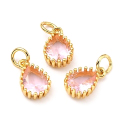 Pink Brass Micro Pave Cubic Zirconia Pendants, Real 18K Gold Plated, Long-Lasting Plated, Teardrop, Pink, 12x7.5x3.5mm, Hole: 3mm