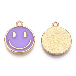 Medium Orchid Light Gold Tone Alloy Enamel Pendants, Flat Round with Smiling Face Charms, Medium Orchid, 19x16x1.5mm, Hole: 1.8mm
