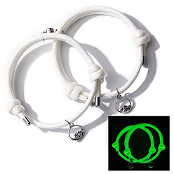 White 2Pcs Magnetic Round & Mountain Alloy Charms Bracelets Set, Luminous Nylon Cord Adjustable Couple Matching Bracleets for Best Friends Lovers, White, Inner Diameter: 2-1/2~4-7/8 inch(6.5~12.5cm)