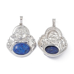 Lapis Lazuli Naturelles lapis-lazuli pendentifs, charmes de bouddha, teint, avec finitions en laiton plaqué platine, sans cadmium et sans plomb, 39x32x9.5mm, Trou: 8x4.5mm