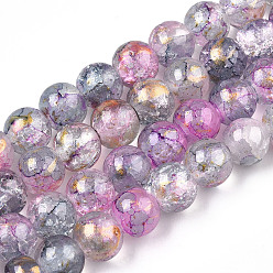 Violet Baking Painted Crackle Glass Bead Strands, with Gold Powder, Round, Violet, 10mm, Hole: 1.4mm, about 80pcs/strand, 30.87 inch(78.4cm)