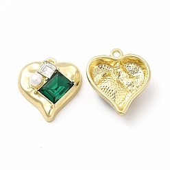 Verde Aleación de chapado en rack con corazón de vidrio con colgantes rectangulares, con perlas de imitación de plástico abs, la luz de oro, sin cadmio y níque y plomo, verde, 20x18.5x7 mm, agujero: 1.6 mm