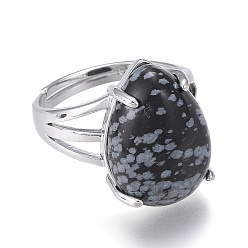 Snowflake Obsidian Adjustable Natural Snowflake Obsidian Finger Rings, with Platinum Plated Brass Findings, Teardrop, Size 8, Inner Diameter: 18mm