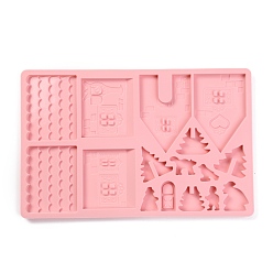 Pink Christmas Gingerbread House Food Grade Silicone Molds, Fondant Molds, for DIY Cake Decoration, Chocolate, Candy, UV Resin & Epoxy Resin Jewelry Making, Pink, 284x182x8mm,  Inner Diameter: 21~98x18~91mm.