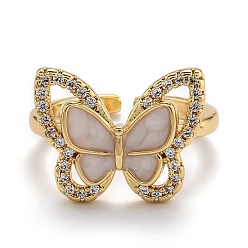 Real 18K Gold Plated Brass Micro Pave Clear Cubic Zirconia Cuff Rings, Open Rings, with Enamel, Butterfly, Real 18K Gold Plated, Inner Diameter: 16.5x17mm